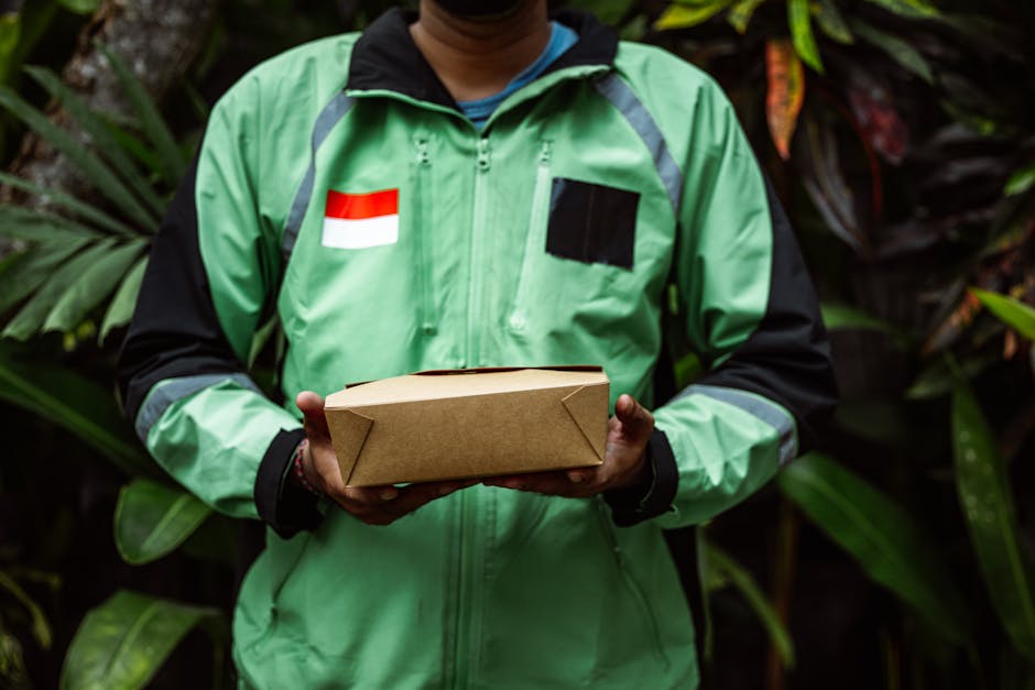A delivery person wearing a green and black jacket with a red and white flag patch and black wristbands is holding a rectangular cardboard package with neatly folded edges. The background features lus