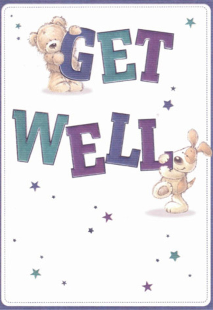Exuding gentle encouragement and affectionate cheer, this get well card is a true celebration of comfort crafted in a visual language as friendly and inviting as the community spirit around Forest Hill. At the heart of the scene, a lovable bear and an eager puppy seem to delight in their roles: the bear, with fur almost tangible in its softness, steadies itself atop a dynamic 'GET', while the puppy-velvety ears and shining eyes-props up the bold 'WELL'. Around them swirls a constellation of indigo and lavender stars, each a small nod to hope and healing, reminiscent of dusk-lit evenings on London Road. The typeface is commanding yet playful, shaded in rich purples and gentle aquas, reflecting the upbeat energy of the area's weekend flower markets. There's a lush, tactile dimension to their illustrated fur and the lively composition, as if one could truly feel their presence. Imagine pairing this card with fresh blooms from Flowers Forest Hill-together, they extend an embrace of support, making recovery feel a little brighter and more heartfelt for families and friends nearby. The scene's airy composition and positivity make it a perfect choice for offering sincere encouragement to neighbors and loved ones throughout SE23.